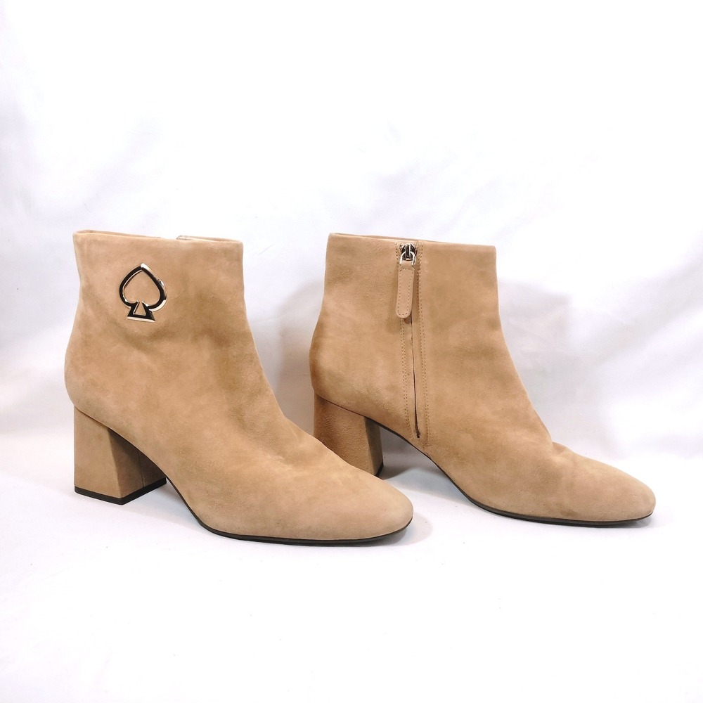 Kate Spade Alihandra Tan Suede Ankle Boots; Block Heel Spade Logo